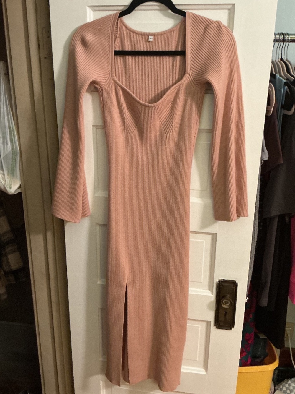 Pink Ribbed Knit Sweetheart Neck Midi Sweater Dress